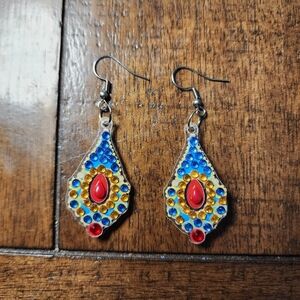 Boho Red, Blue & Gold Teardrop Dangle Earrings